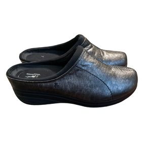 Womens Pewter colored platform mule shoes with a snake skin texture